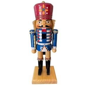 Wooden Soldier Nutcracker in His Blue & White Uniform Stands 13 " Tall Pre-owned